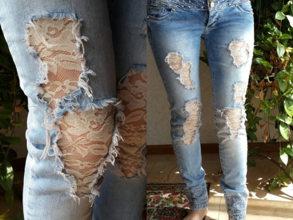 Оригинальные заплатки из кружева на женских джинсах