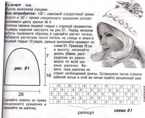 Вязание шапки спицами с отворотом: с помпоном и рисунком