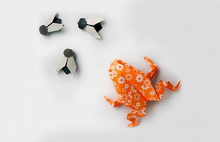 Надувная жаба-оригами и мухи-оригами
