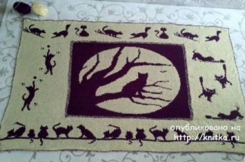 Двухсторонний плед спицами Коты. Работа Ирины