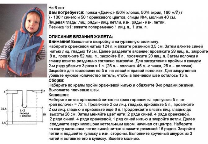 схема и подробное описание вязания спицами жилета с капюшоном для мальчика