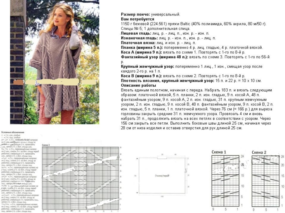 Схема и описание вязания спицами женского жилета пончо, пример 1